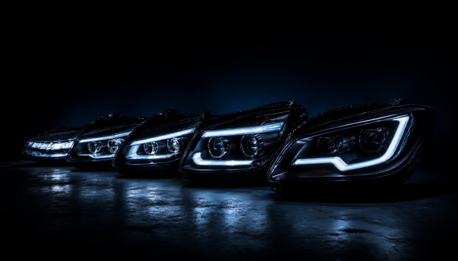 Faróis automotivos de LED alinhados em fundo escuro